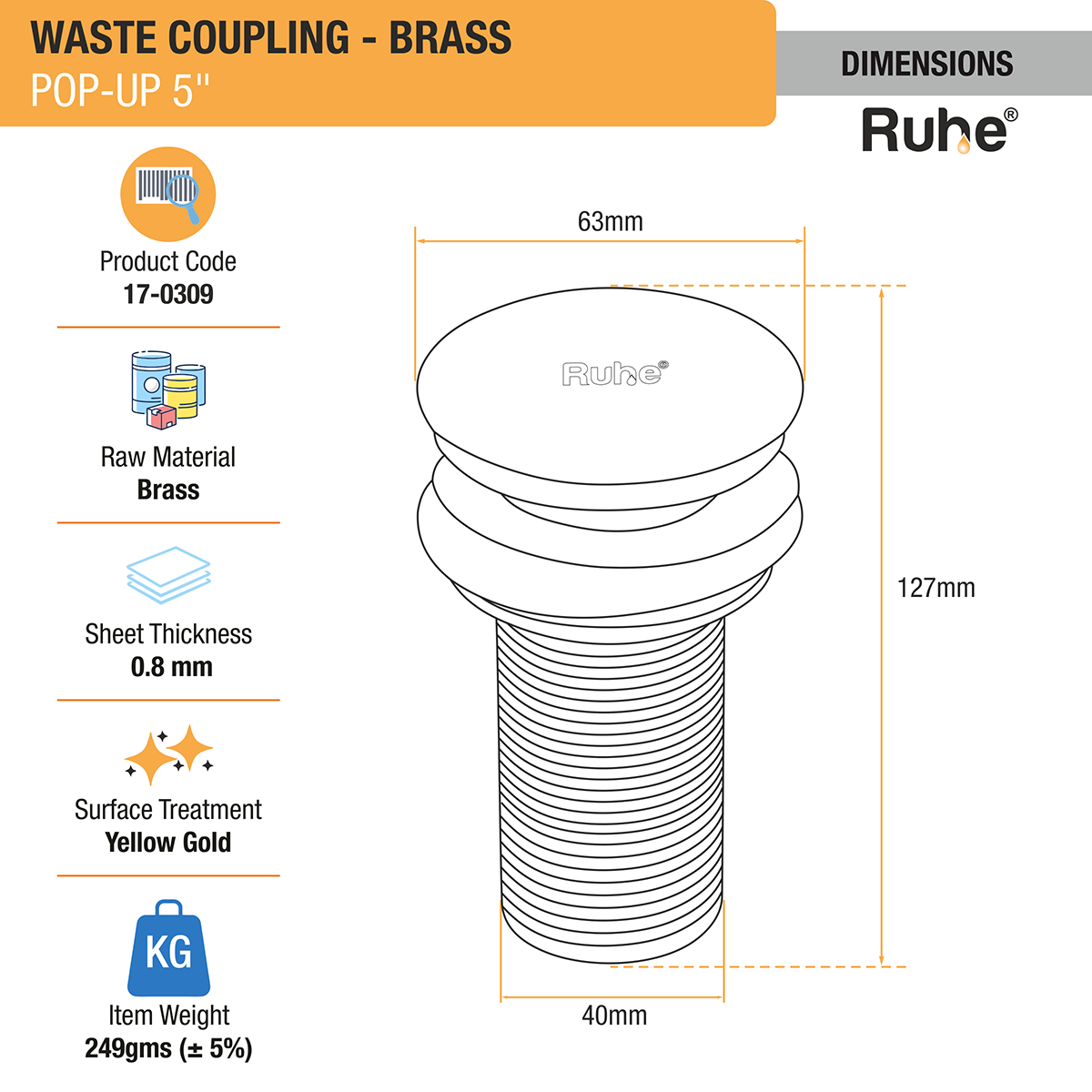 Pop-up Waste Coupling in Yellow Gold PVD Coating (5 Inches) - by Ruhe