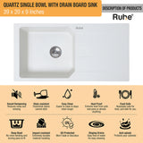 Quartz Single Bowl with Drainboard Kitchen Sink - Crystal White (39 x 20 x 9 inches) - by Ruhe®
