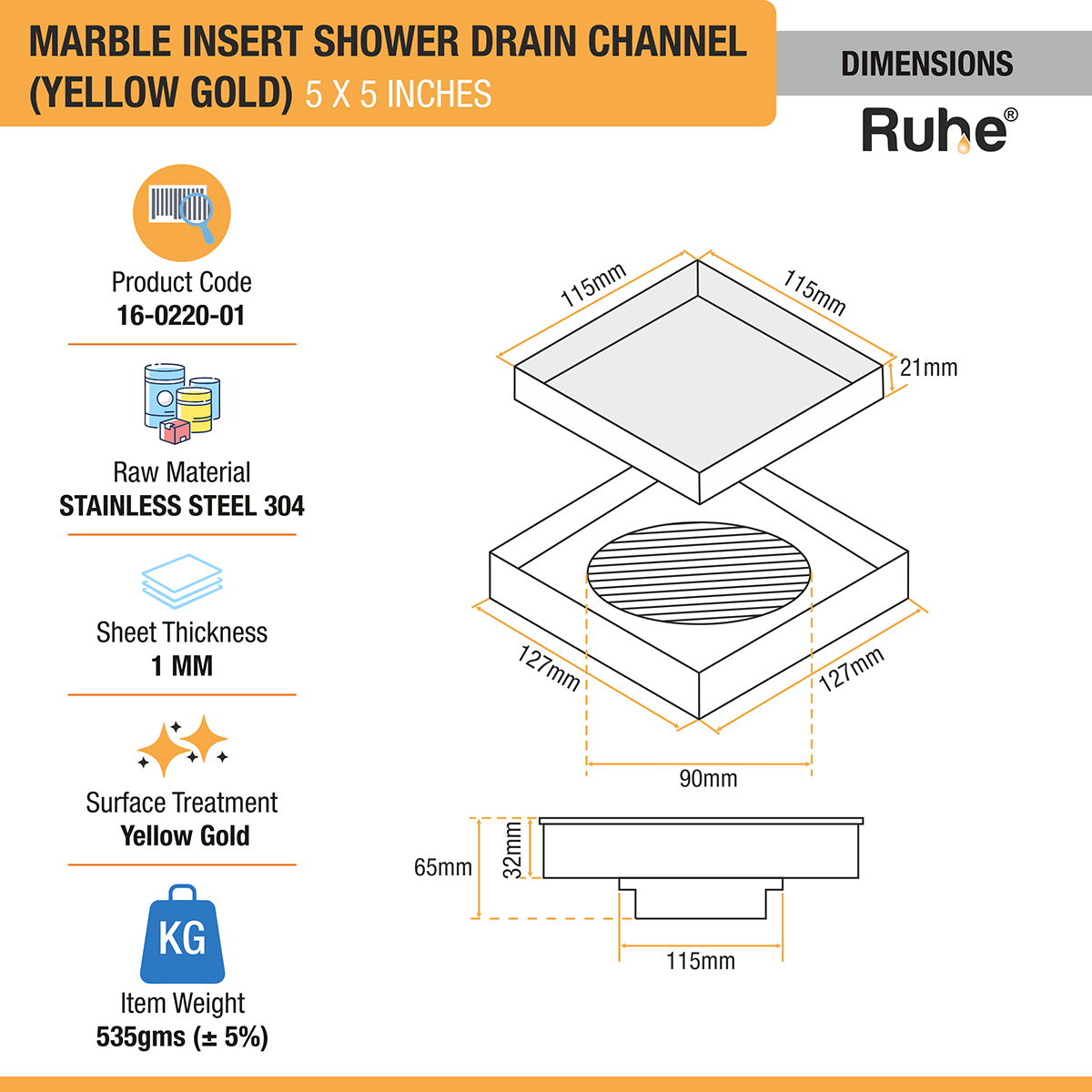 Marble Insert Shower Drain Channel (5 x 5 Inches) YELLOW GOLD PVD Coated - by Ruhe®