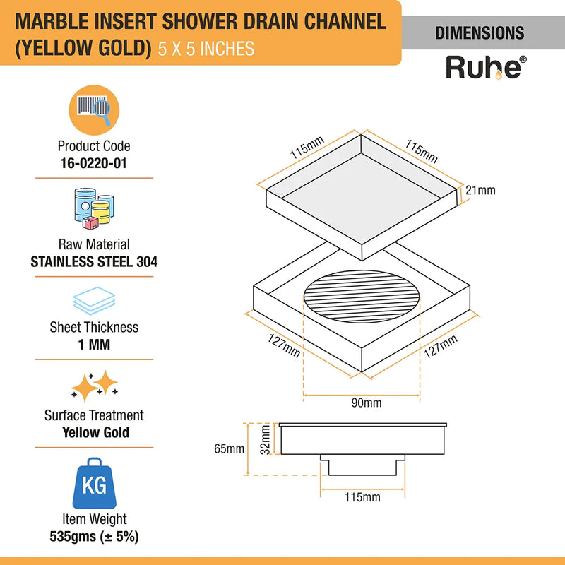 Marble-Insert Shower Drain Channel (5 x 5 Inches)
