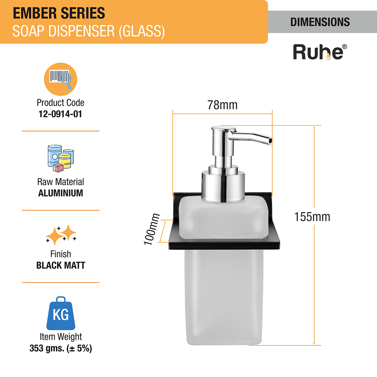 Ember Liquid Soap Dispenser (Space Aluminium) dimensions and sizes