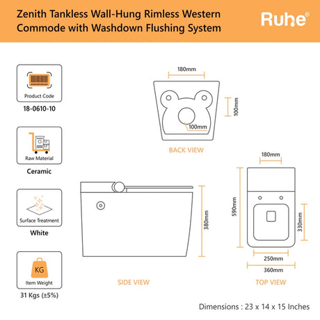 Zenith Wall-Hung Tankless Western Commode