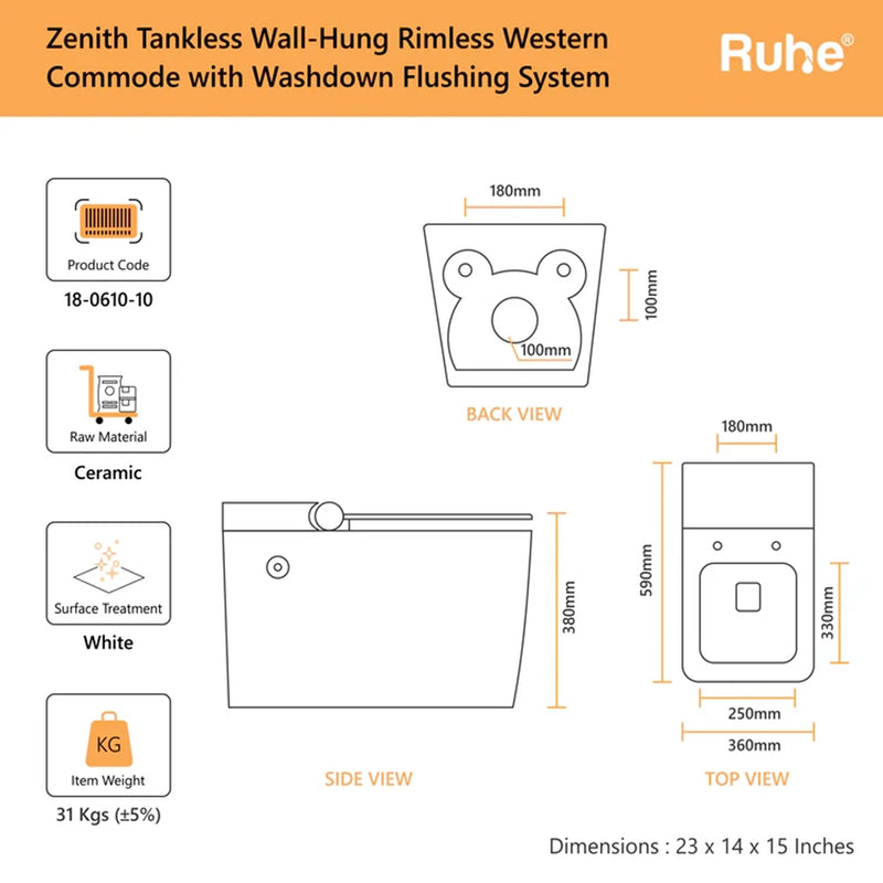 Zenith Wall-Hung Tankless Western Commode