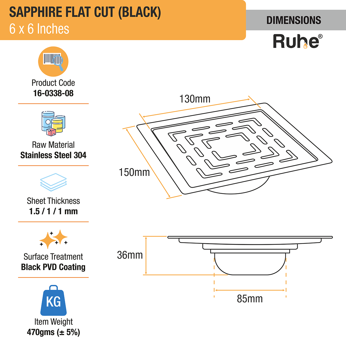 Sapphire Square Flat Cut Floor Drain in Black PVD Coating (6 x 6 Inches) - by Ruhe®