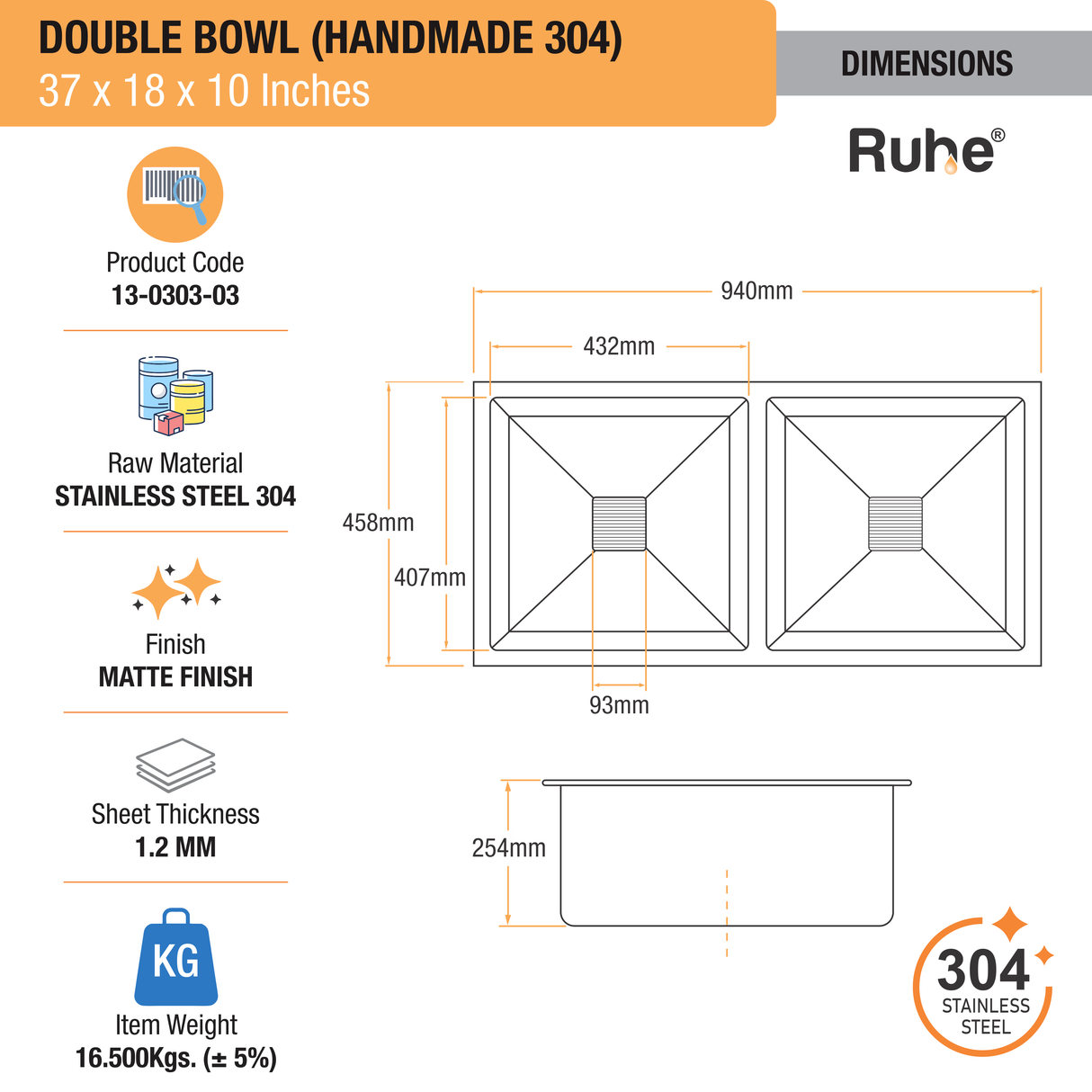 Handmade Double Bowl 304-Grade Kitchen Sink  (37 x 18 x 10 Inches) - by Ruhe