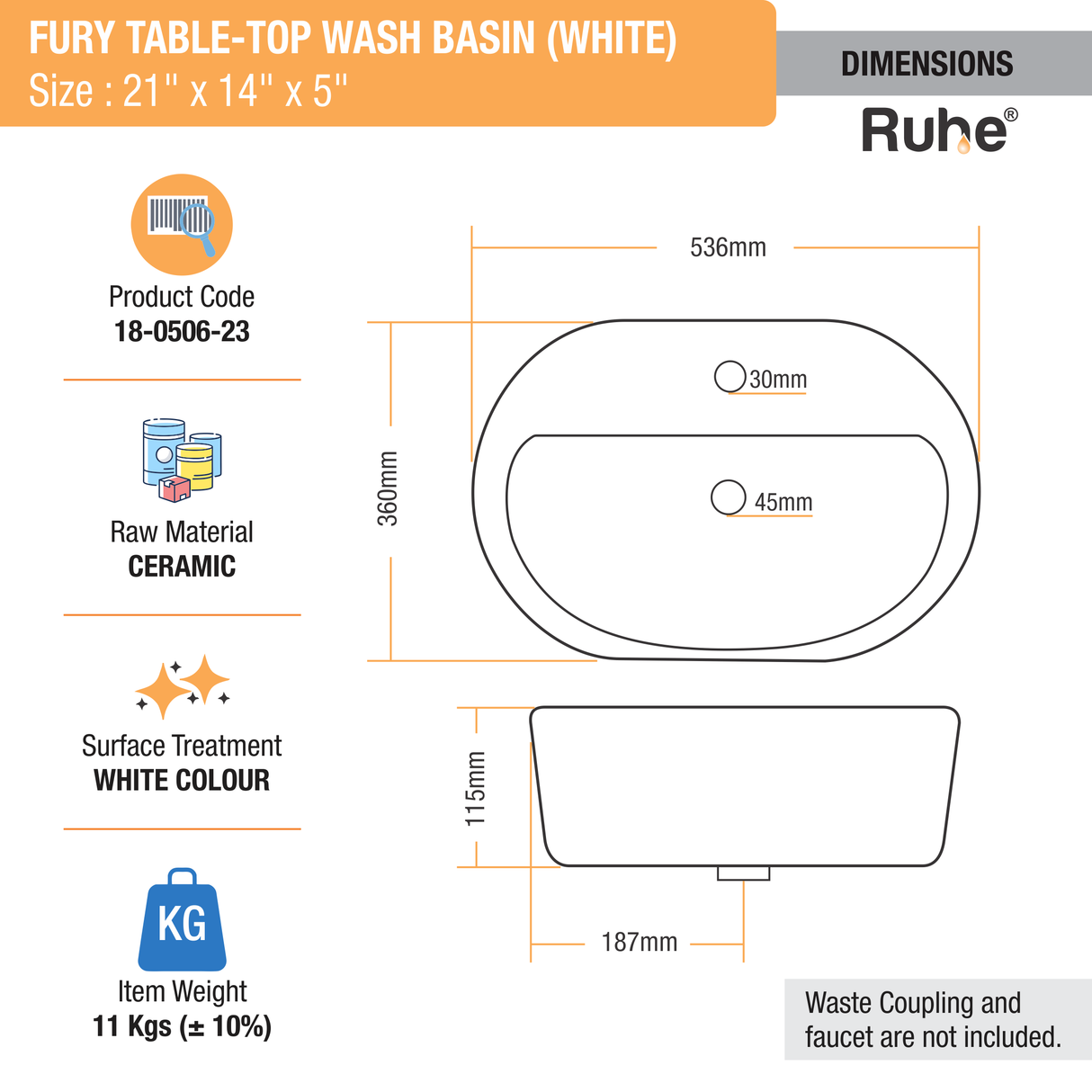 Fury Table Top Wash Basin (White) - by Ruhe