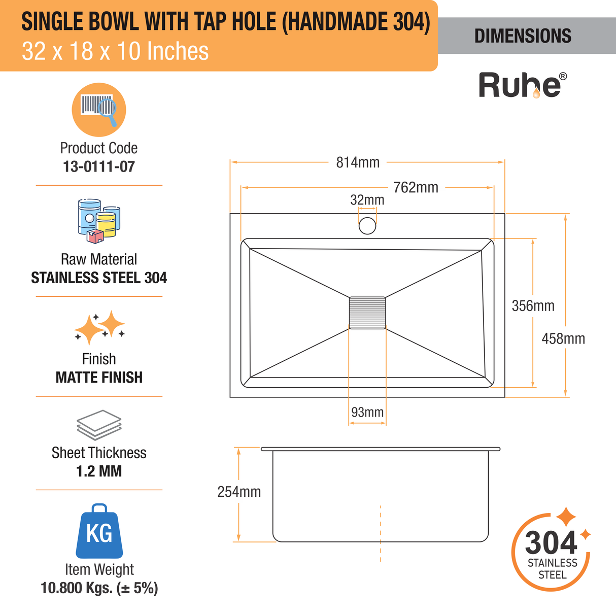 Handmade Single Bowl 304-Grade Kitchen Sink  with Tap Hole (32 x 18 x 10 Inches) - by Ruhe