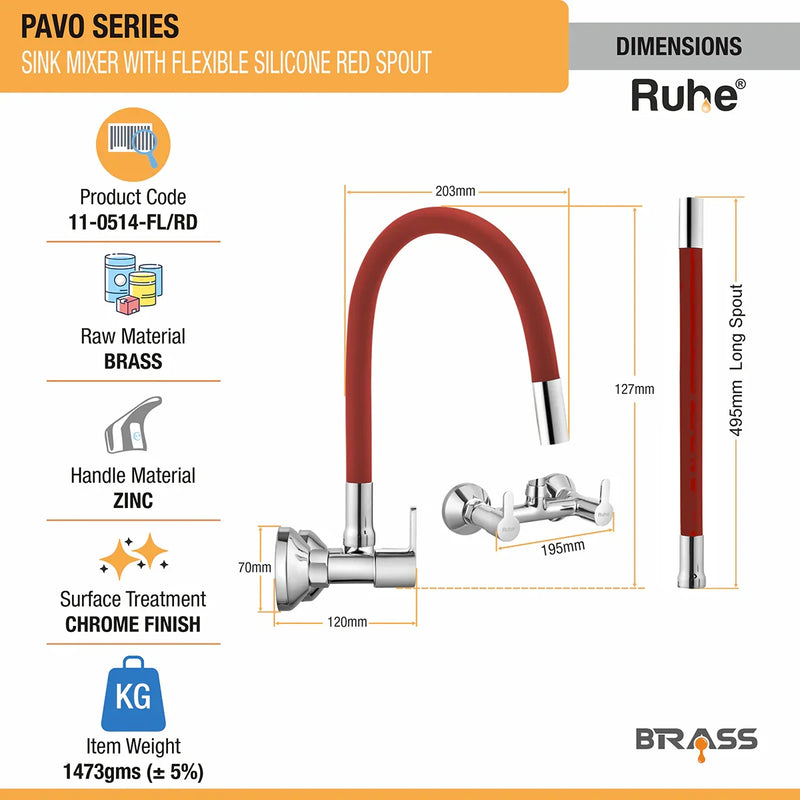 Pavo Wall Mount Kitchen Sink Mixer Tap with Coloured Flexible Silicone Spout