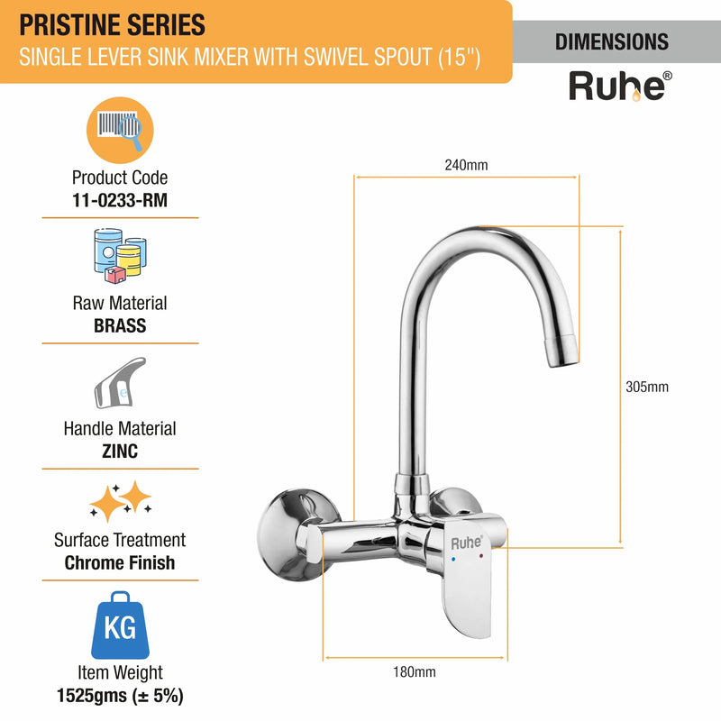 Pristine Single Lever Wall-mount Kitchen Sink Mixer Tap with Swivel Spout