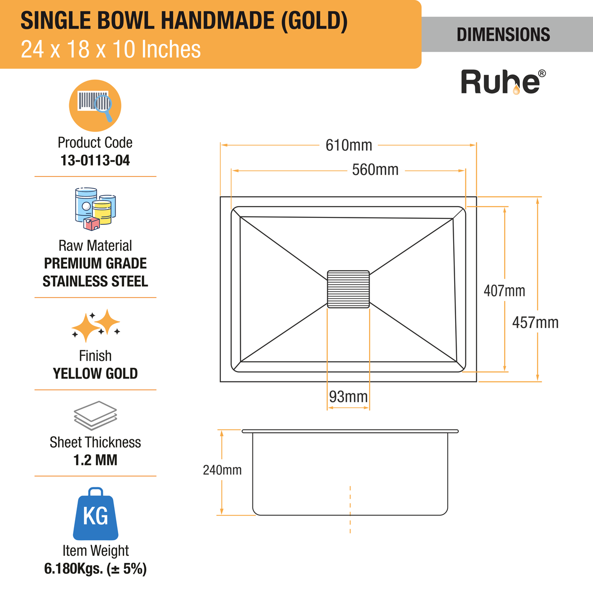 Yellow Gold Handmade Single Bowl Premium Stainless Steel Kitchen Sink ( 24 x 18 x 10 Inches) - by Ruhe®