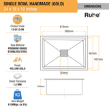 Yellow Gold Handmade Single Bowl Premium Stainless Steel Kitchen Sink ( 24 x 18 x 10 Inches) - by Ruhe®