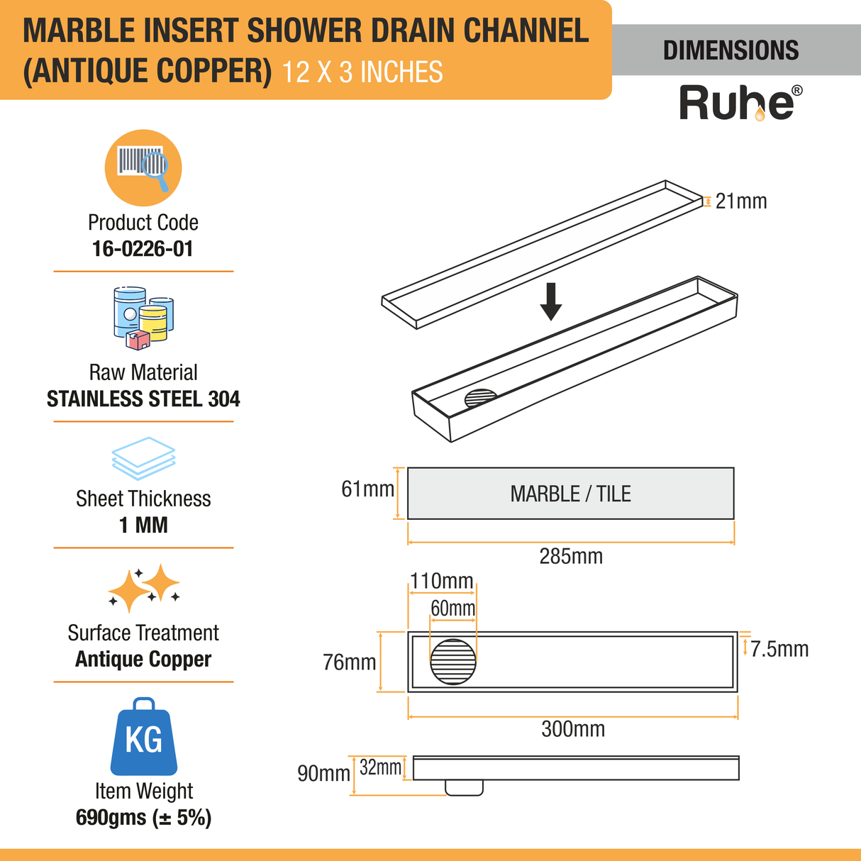 Marble Insert Shower Drain Channel (12 x 3 Inches) ROSE GOLD PVD Coated dimensions and sizes