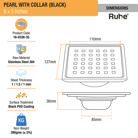 Pearl Square 304-Grade Floor Drain in Black PVD Coating (5 x 5 Inches) dimensions and sizes