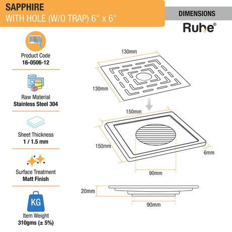 Sapphire Square 304-Grade Floor Drain with Hole (6 x 6 Inches) - by Ruhe