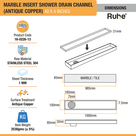Marble Insert Shower Drain Channel (40 x 4 Inches) ROSE GOLD PVD Coated dimensions and sizes