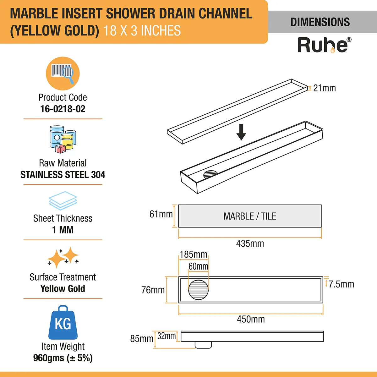 Marble-Insert Shower Drain Channel (3 Inches)