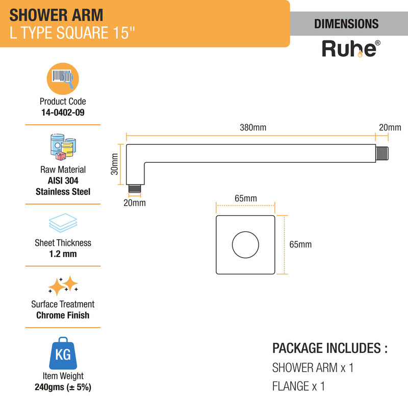 L-Type Square Shower Arm (304-Grade Stainless Steel)