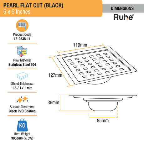 Pearl Square Flat Cut Floor Drain in Black PVD Coating (5 x 5 Inches) - by Ruhe®