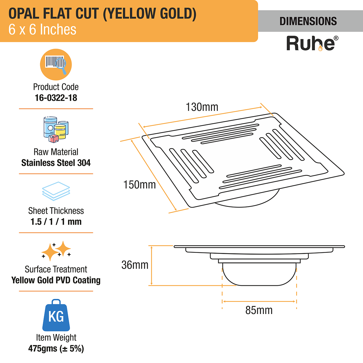 Opal Square Flat Cut Floor Drain in Yellow Gold PVD Coating (6 x 6 Inches) dimensions and sizes