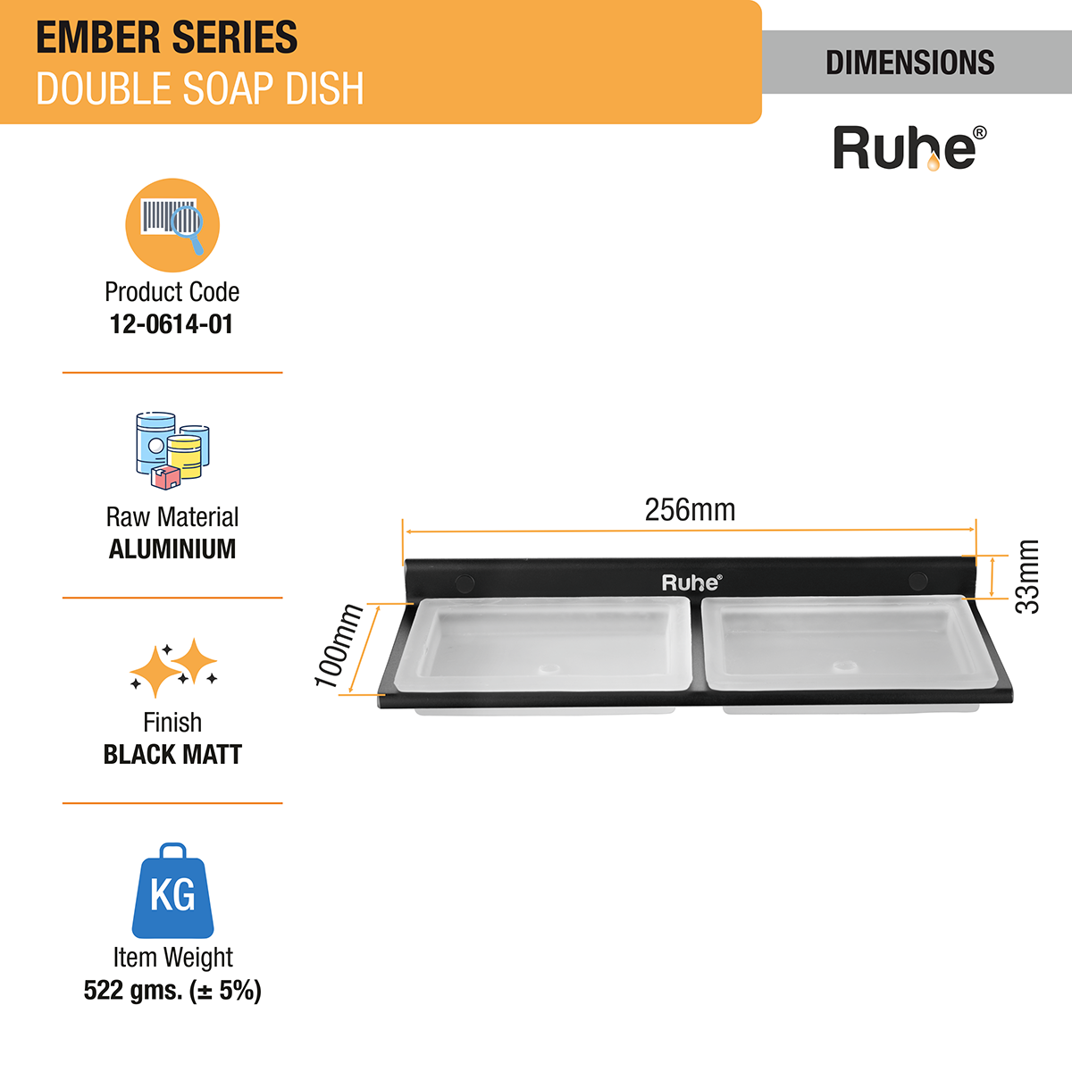 Ember Double Soap Dish (Space Aluminium) dimensions and sizes