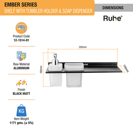 Ember Shelf with Tumbler Holder & Soap Dispenser (Space Aluminium) dimensions and sizes