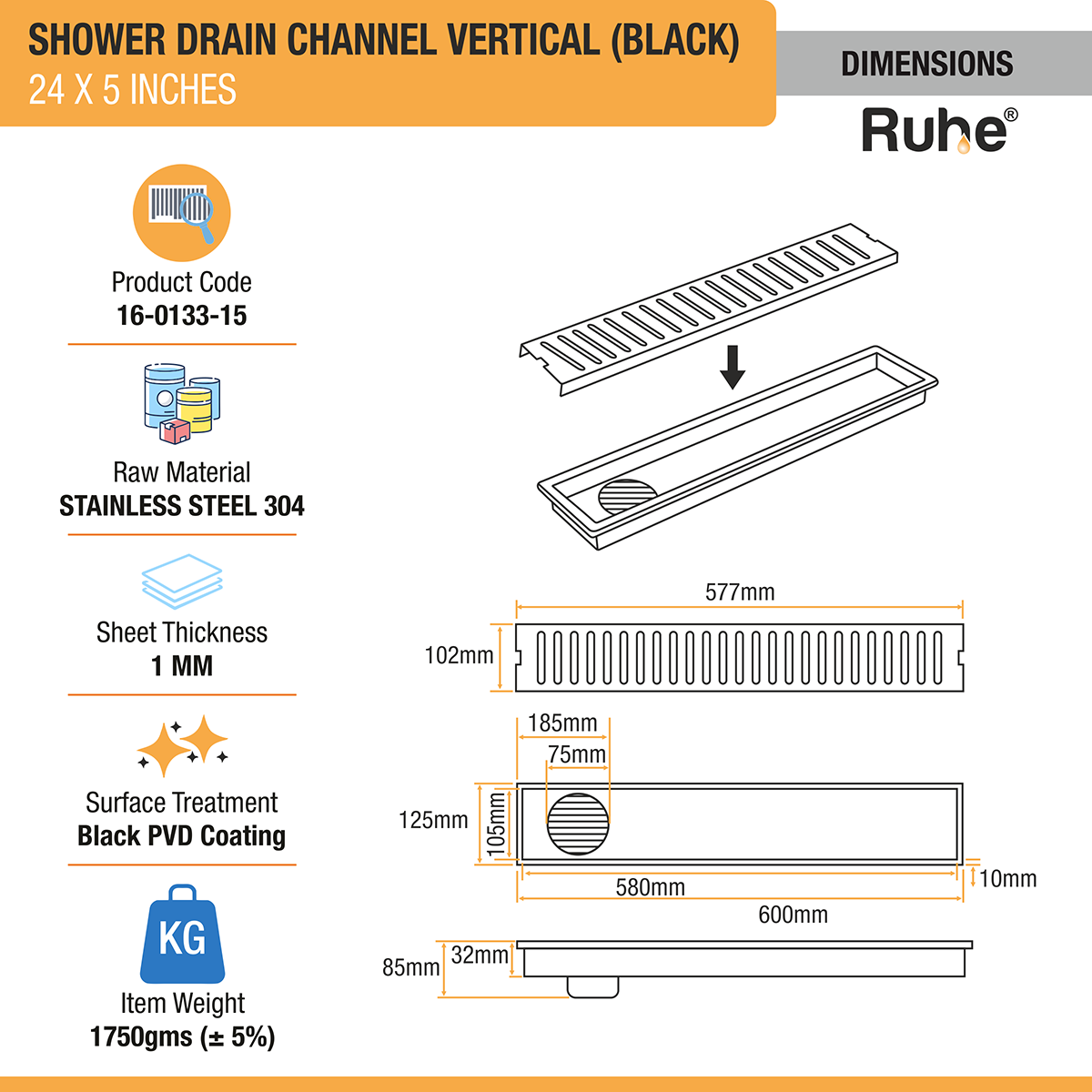 Vertical Shower Drain Channel (24 x 5 Inches) Black PVD Coated - by Ruhe®