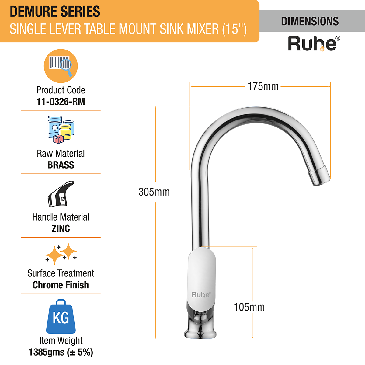 Demure Single Lever Table-Mount Sink Mixer Brass Faucet with Medium (15 Inches) Round Swivel Spout dimensions and sizes
