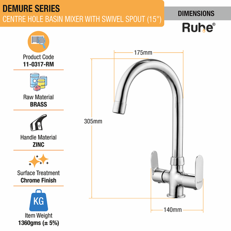Demure Centre Hole Basin Mixer Brass Faucet with Medium (15 inches) Round Swivel Spout - by Ruhe®