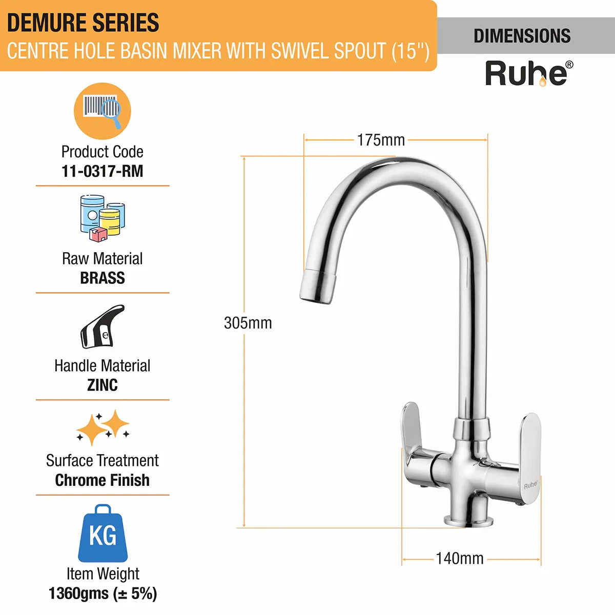 Demure Deck Mount Wash Basin Mixer Tap with Swivel Spout