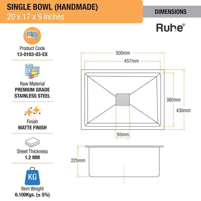 Handmade Single Bowl Kitchen Sink (20 x 17 x 9 Inches)