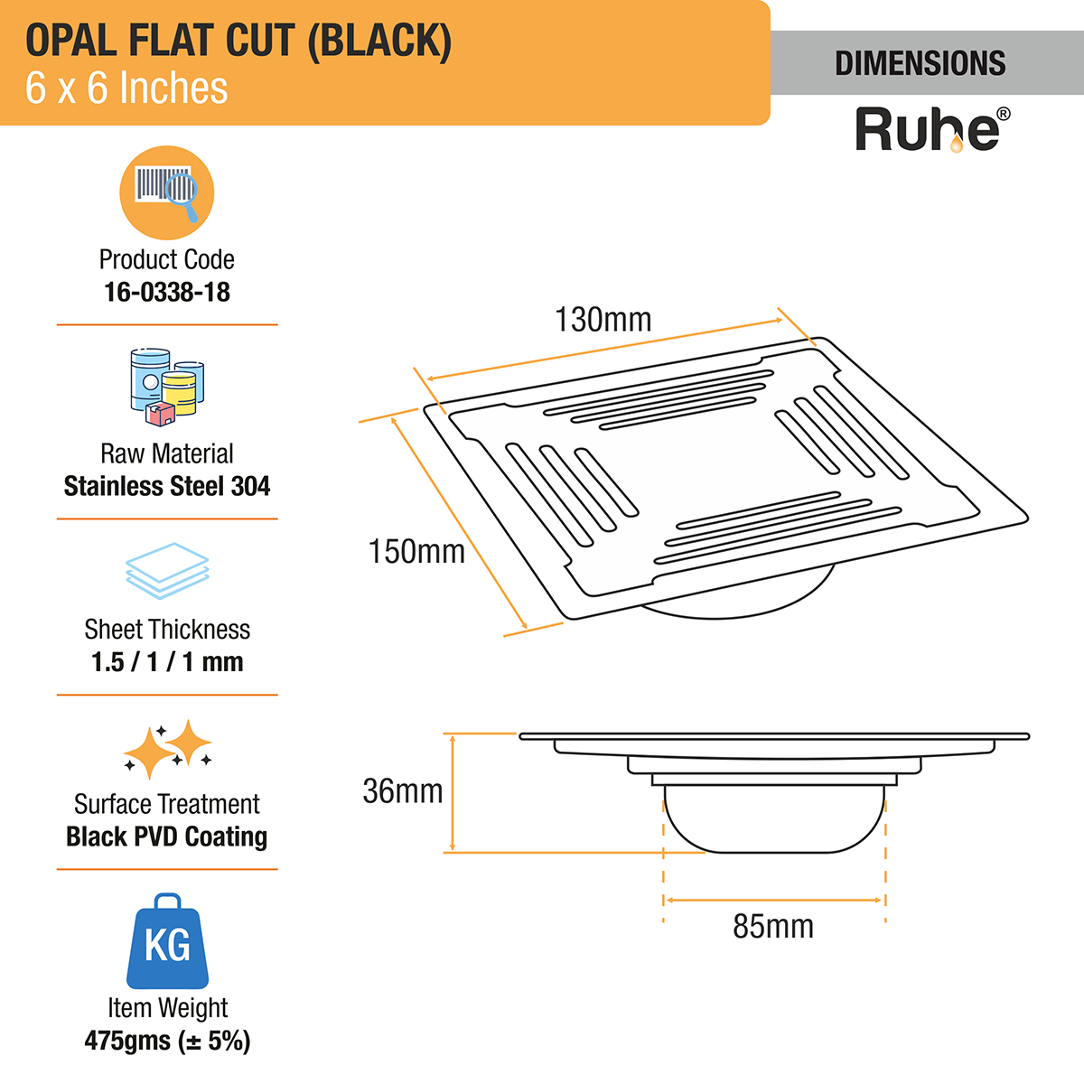 Opal Square Flat Cut Floor Drain in Black PVD Coating (6 x 6 Inches) - by Ruhe