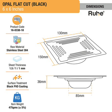 Opal Square Flat Cut Floor Drain in Black PVD Coating (6 x 6 Inches) - by Ruhe