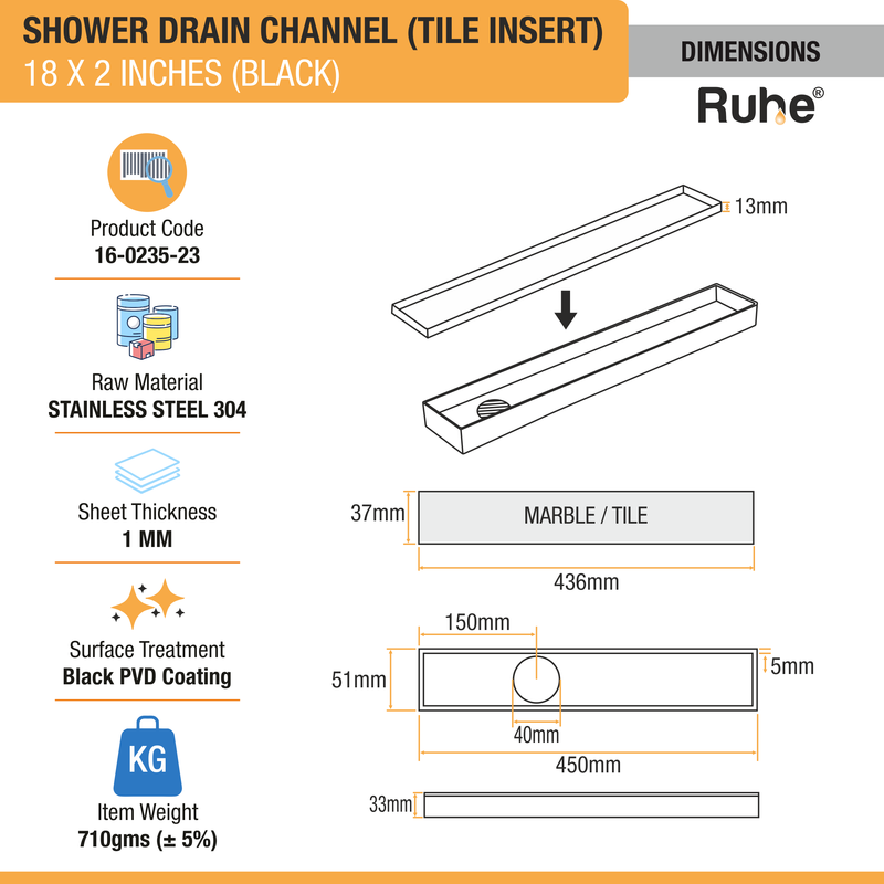 Tile-Insert Shower Drain Channel Coloured (2 Inches)