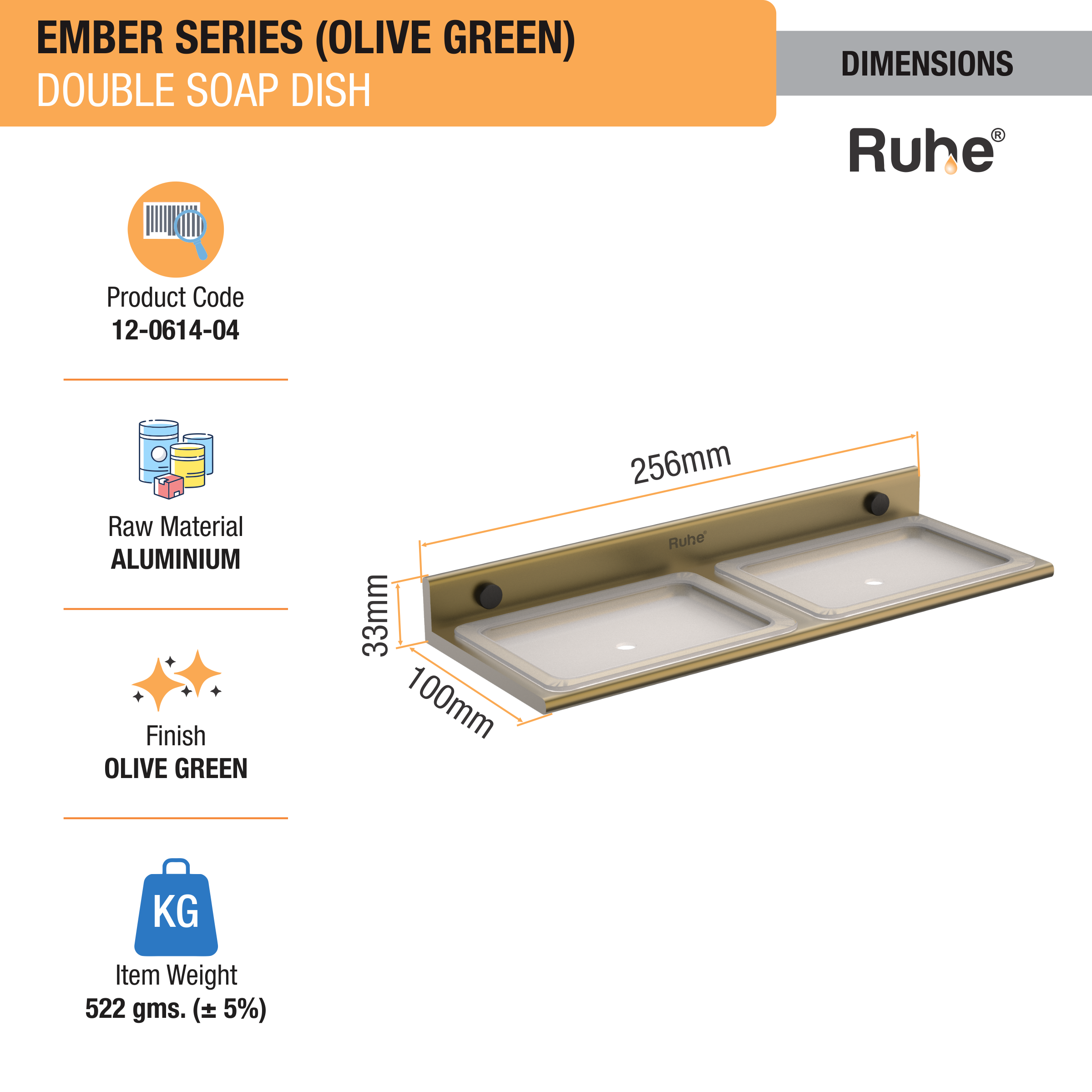 Ember Olive Green Double Soap Dish (Space Aluminium) dimensions and sizes