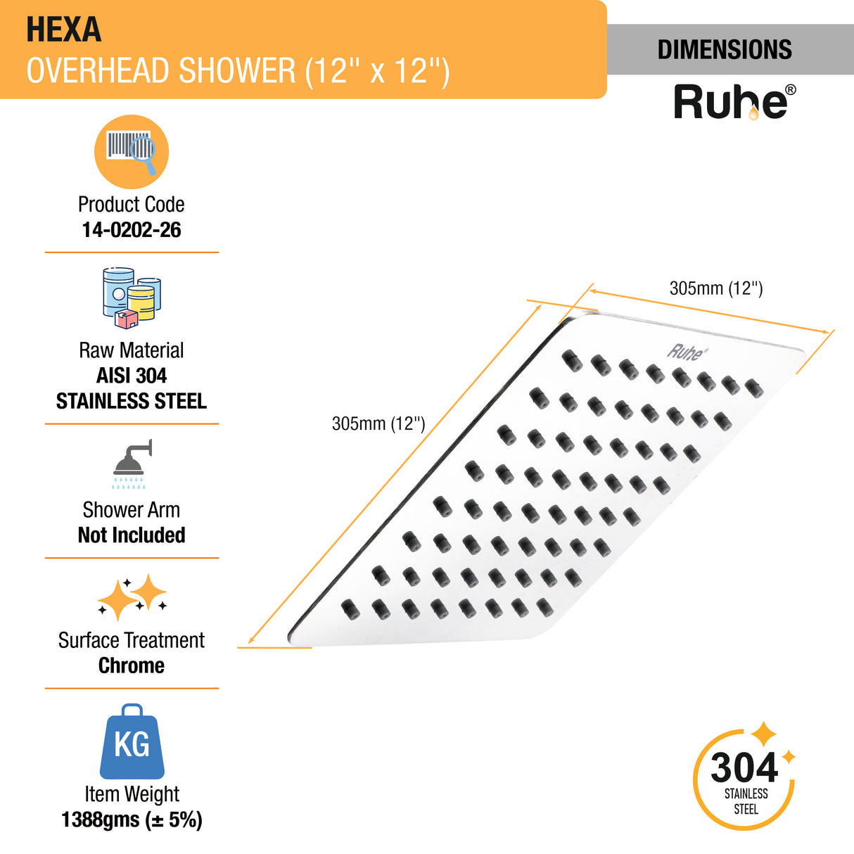 Hexa 304-Grade Overhead Shower (12 x 12 Inches) - by Ruhe