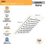 Hexa 304-Grade Overhead Shower (12 x 12 Inches) - by Ruhe