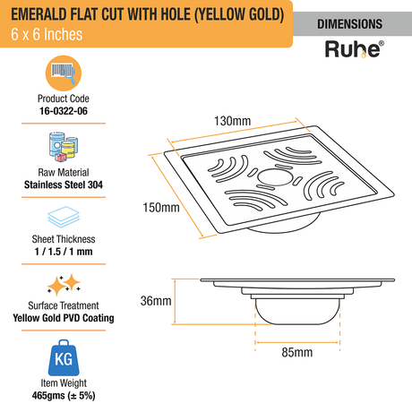 Emerald Square Flat Cut Floor Drain in Yellow Gold PVD Coating (6 x 6 Inches) with Hole dimensions and sizes