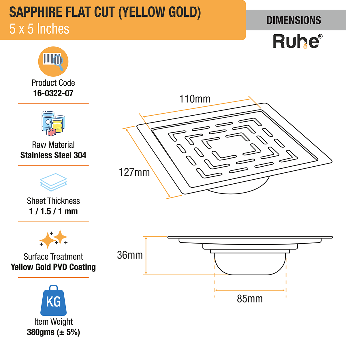 Sapphire Square Flat Cut Floor Drain in Yellow Gold PVD Coating (5 x 5 Inches) dimensions and sizes
