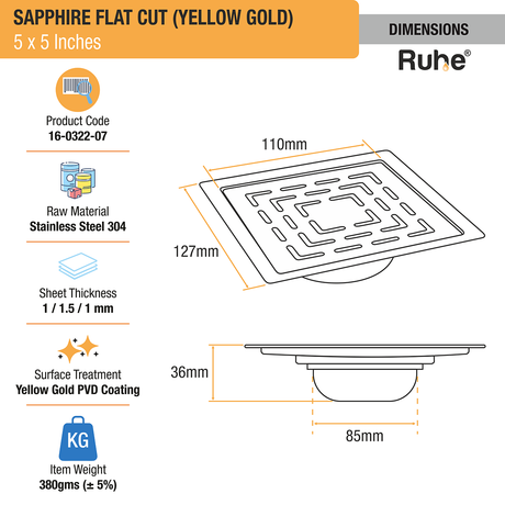 Sapphire Square Flat Cut Floor Drain in Yellow Gold PVD Coating (5 x 5 Inches) dimensions and sizes
