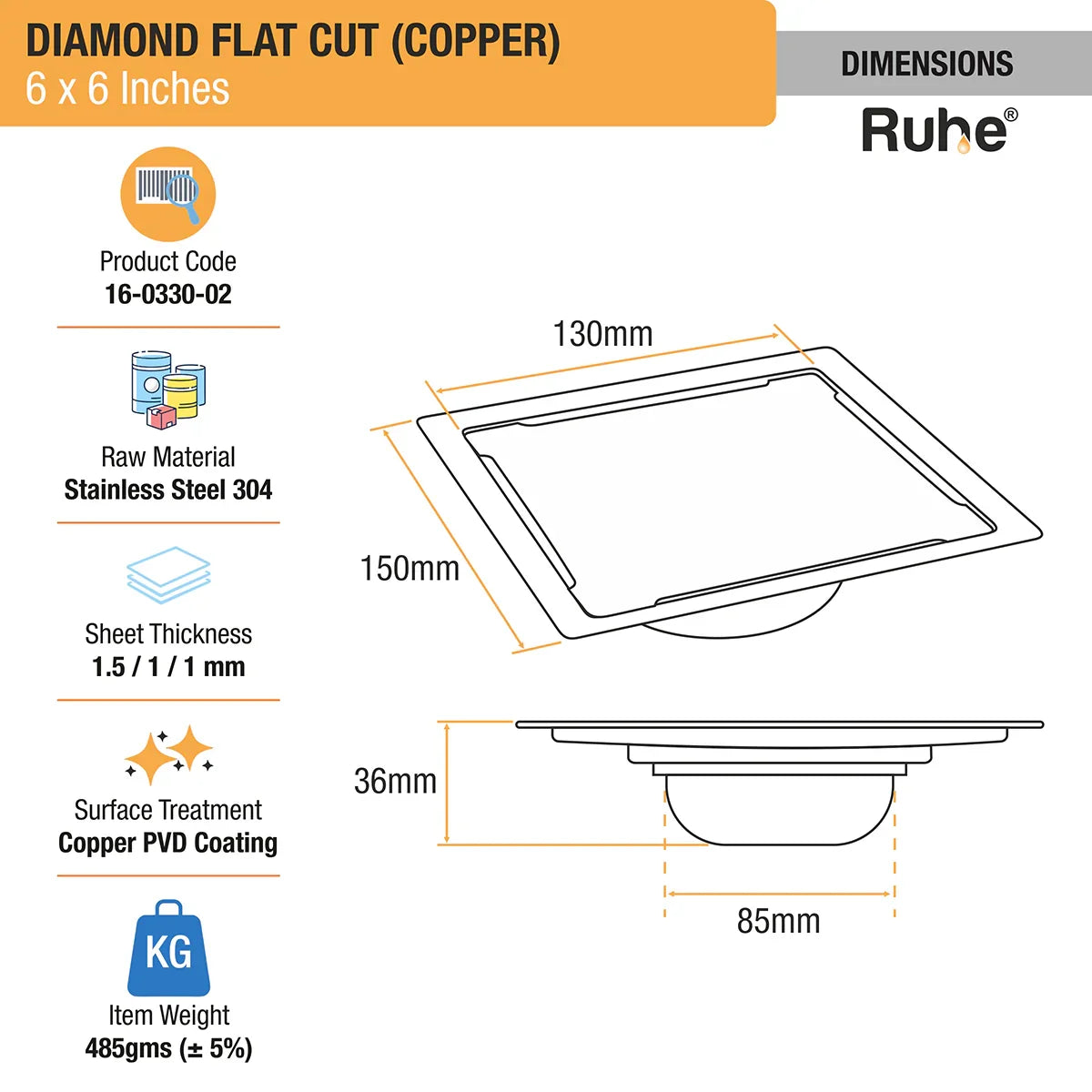 Diamond Square Flat Cut Floor Drain