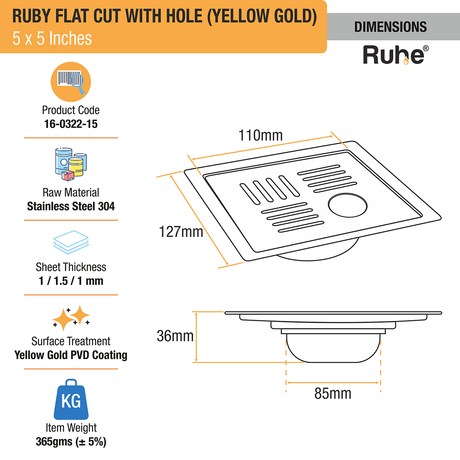 Ruby Square Flat Cut Floor Drain in Yellow Gold PVD Coating (5 x 5 Inches) with Hole dimensions and sizes