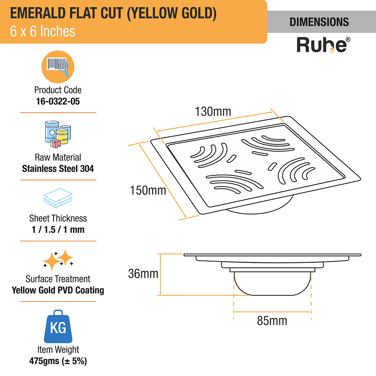 Emerald Square Flat Cut Floor Drain in Yellow Gold PVD Coating (6 x 6 Inches) - by Ruhe®