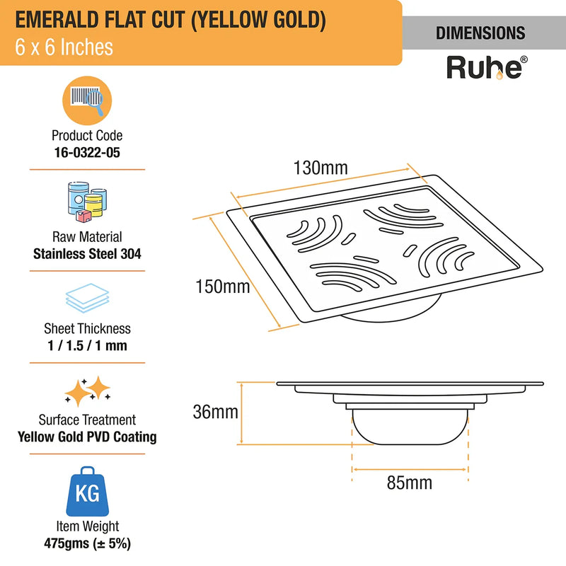 Emerald Square Flat Cut Floor Drain in Yellow Gold PVD Coating (6 x 6 Inches) - by Ruhe