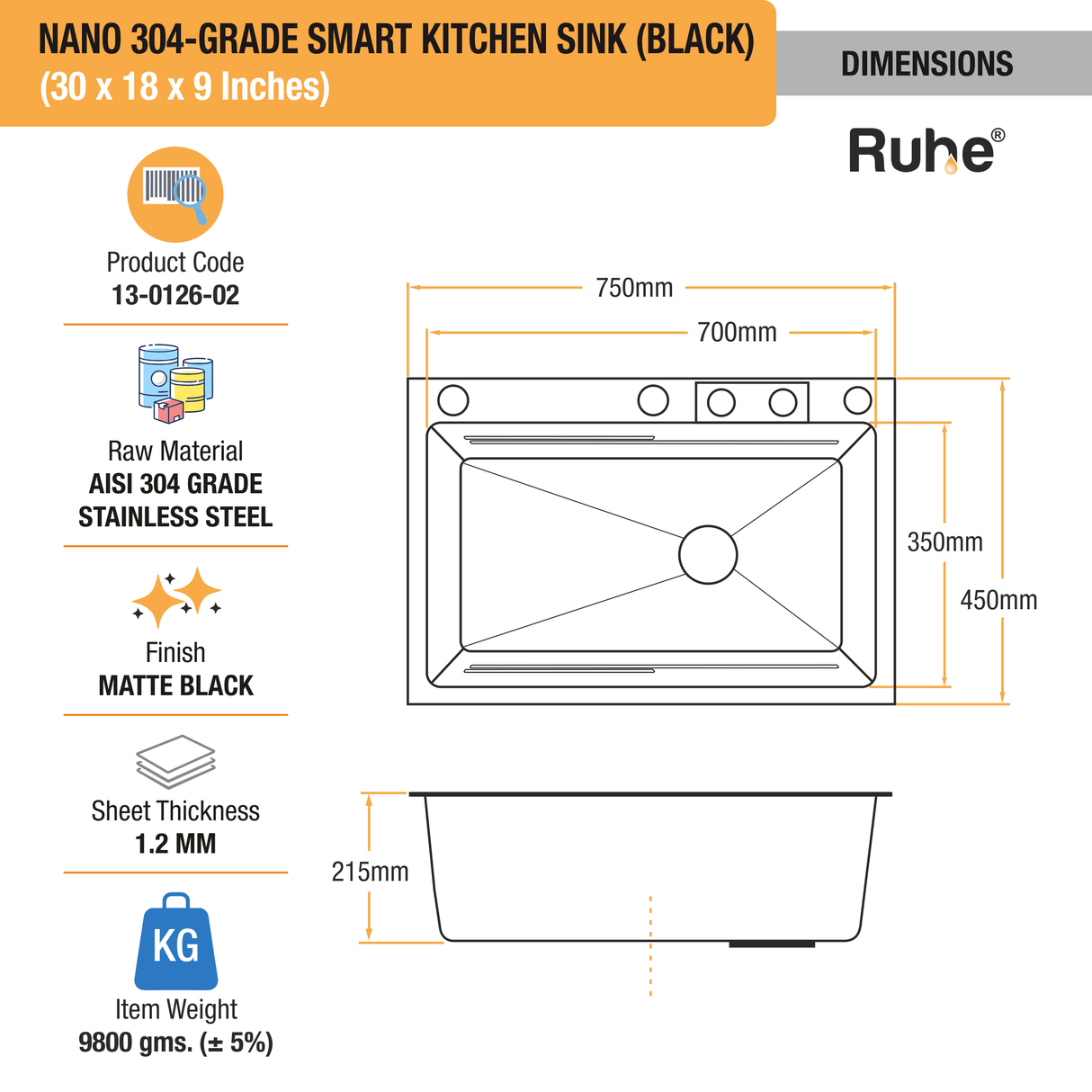 Nano Black 304-Grade Kitchen Sink with Integrated Waterfall, Pull-Out & RO Faucet (30 x 18 x 9 Inches)  - by Ruhe