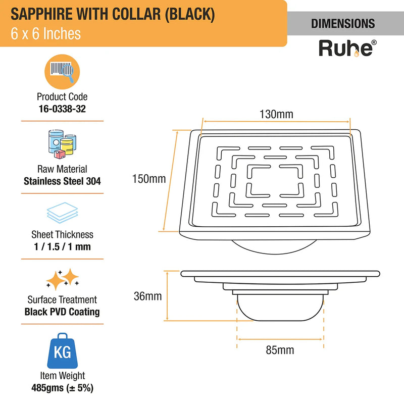Sapphire Square 304-Grade Floor Drain in Black PVD Coating (6 x 6 Inches) - by Ruhe