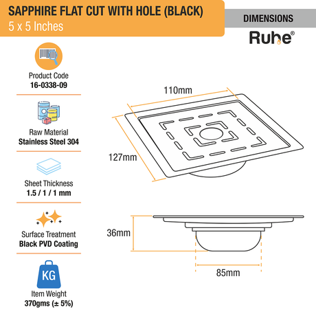 Sapphire Square Flat Cut Floor Drain in Black PVD Coating (5 x 5 Inches) with Hole - by Ruhe®