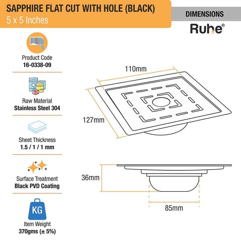 Sapphire Square Flat Cut Floor Drain in Black PVD Coating (5 x 5 Inches) with Hole - by Ruhe