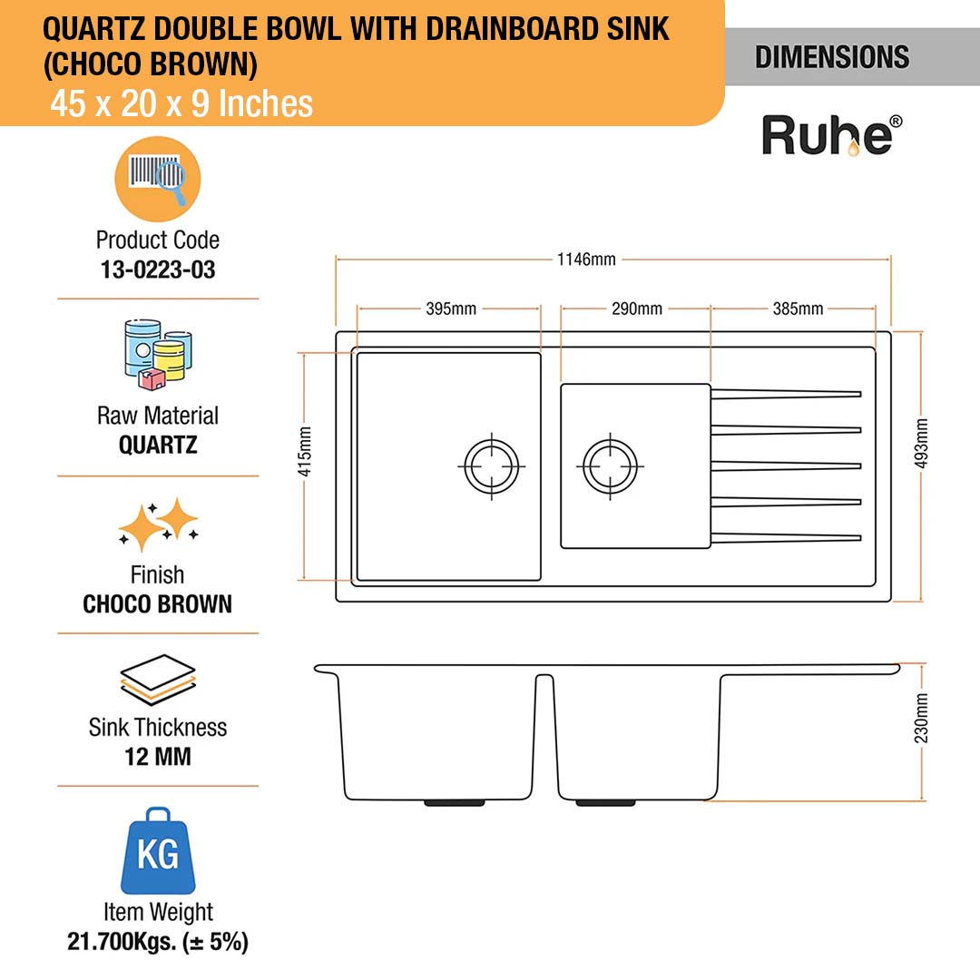 Choco Brown Quartz Double Bowl with Drainboard  Kitchen Sink (45 x 20 x 9 inches) - by Ruhe