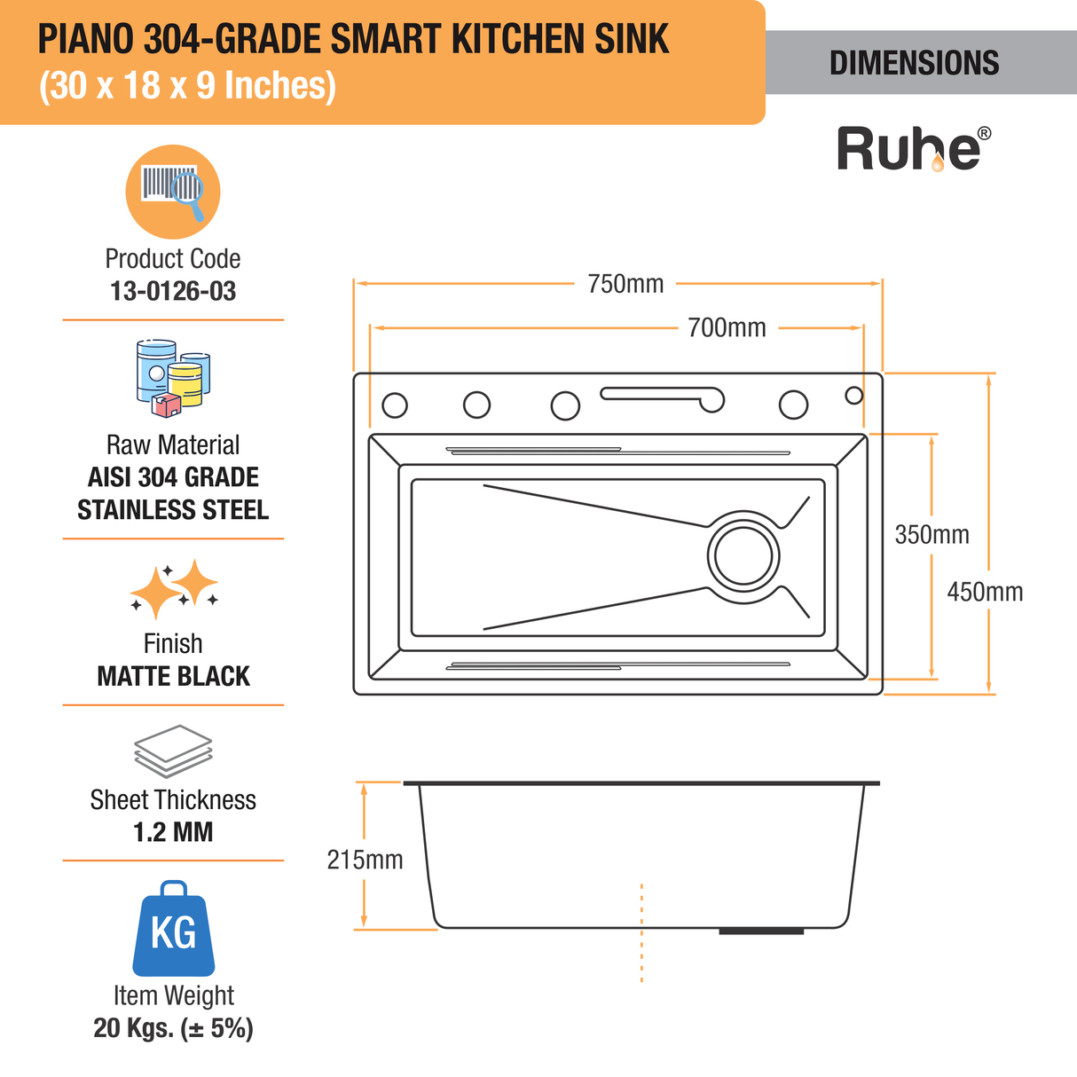 Piano 304-Grade Kitchen Sink with Integrated Waterfalls, Digital Display, Pull-Out & RO Faucet (30 x 18 x 9 Inches)  - by Ruhe