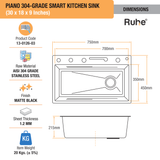 Piano 304-Grade Kitchen Sink with Integrated Waterfalls, Digital Display, Pull-Out & RO Faucet (30 x 18 x 9 Inches)  - by Ruhe